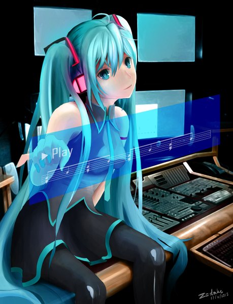 Anime picture 1000x1305 with vocaloid hatsune miku tagme (artist) tall image sitting twintails very long hair nail polish aqua eyes aqua hair girl thighhighs skirt detached sleeves necktie headphones musical note computer