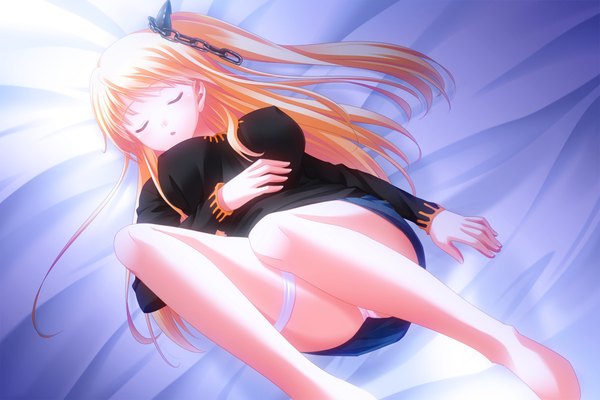 Anime picture 1300x867 with touhikou game norumu rosurisubagu yasuyuki single long hair blush breasts open mouth light erotic blonde hair large breasts game cg ponytail lying eyes closed barefoot on back pantyshot erect nipples side ponytail