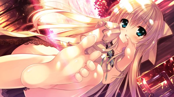 Anime picture 1280x720 with koi iro marriage luriastis t mikuriya chikotam long hair blush blue eyes wide image game cg white hair barefoot legs finger to mouth girl dress bow hair bow