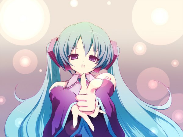 Anime picture 1280x960 with vocaloid hatsune miku takunama single long hair fringe open mouth simple background purple eyes twintails upper body nail polish aqua hair :o gradient background pink background pointing girl detached sleeves