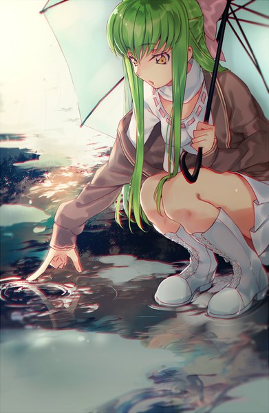 Anime picture 600x919 with code geass sunrise (studio) c.c. creayus single long hair tall image fringe open mouth hair between eyes holding yellow eyes looking away bent knee (knees) pleated skirt green hair off shoulder looking down rain squat