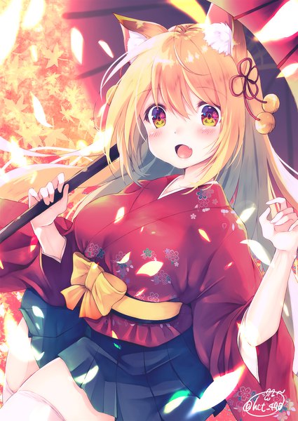 Anime picture 1417x2000 with original chita (ketchup) single long hair tall image looking at viewer blush fringe breasts open mouth hair between eyes purple eyes holding signed animal ears traditional clothes :d japanese clothes pleated skirt orange hair