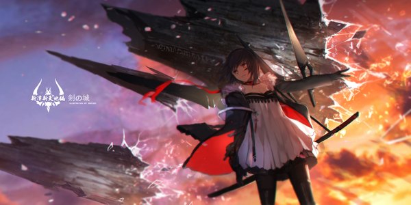 Anime picture 1913x957 with original pixiv fantasia pixiv fantasia t swd3e2 single long hair fringe highres black hair smile red eyes wide image standing looking away sky cloud (clouds) wind sunlight open jacket from below