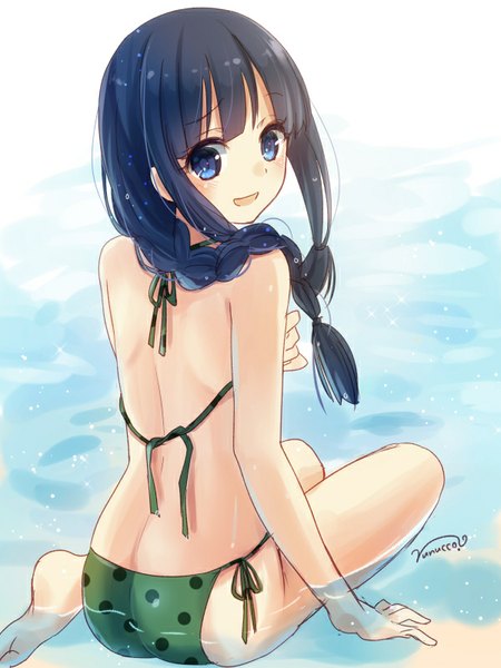 Anime picture 600x800 with kantai collection kitakami light cruiser nunucco single long hair tall image looking at viewer blush fringe open mouth blue eyes light erotic signed blue hair braid (braids) looking back back single braid polka dot girl