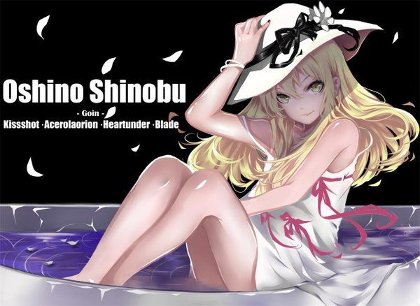 Anime picture 1300x950 with bakemonogatari shaft (studio) monogatari (series) oshino shinobu hango single long hair looking at viewer blush fringe simple background blonde hair smile hair between eyes sitting bare shoulders yellow eyes bent knee (knees) nail polish bare legs