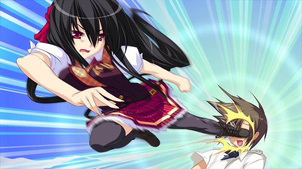 Anime picture 1024x576 with legend seven (game) long hair open mouth black hair red eyes wide image game cg girl thighhighs uniform black thighhighs school uniform