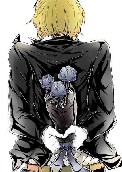 Anime picture 2480x3507 with kuroko no basket production i.g kise ryouta ling tall image highres short hair simple background blonde hair white background holding from behind back hands behind back pale skin boy shirt belt rose (roses) pants