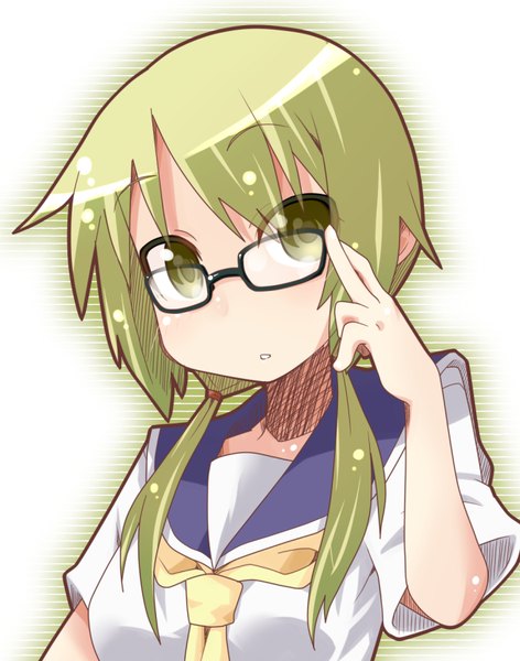 Anime picture 655x832 with yuyushiki ichii yui miiyon single long hair tall image fringe blonde hair simple background white background twintails yellow eyes looking away upper body low twintails adjusting glasses bespectacled girl uniform glasses