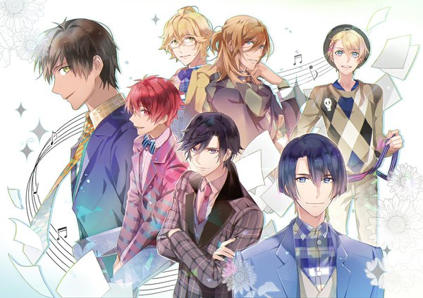 Anime picture 1000x705 with uta no prince-sama a-1 pictures jinguji ren hijirikawa masato ichinose tokiya ittoki otoya kurusu shou shinomiya natsuki aijima cecil long hair looking at viewer short hair blue eyes blonde hair simple background smile red eyes brown hair white background purple eyes