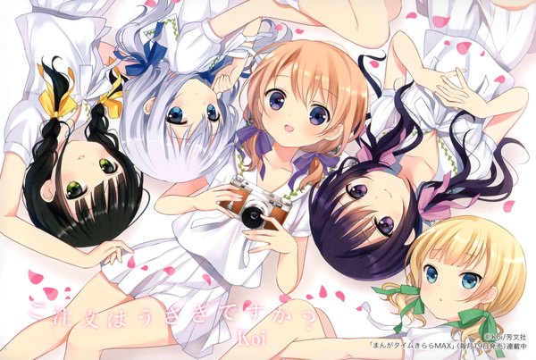 Anime picture 3493x2347 with gochuumon wa usagi desu ka? white fox kafuu chino hoto cocoa tedeza rize kirima sharo ujimatsu chiya koi (koisan) long hair blush highres short hair open mouth blue eyes black hair blonde hair purple eyes multiple girls green eyes absurdres