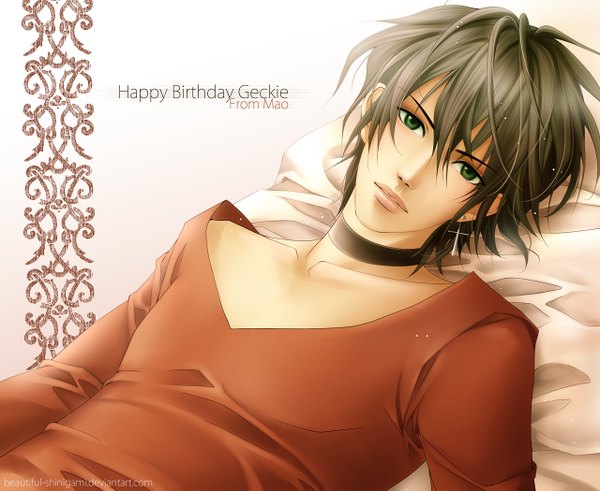 Anime picture 1280x1049 with original beautiful-shinigami single looking at viewer short hair brown hair green eyes signed lying inscription happy birthday boy earrings choker cross