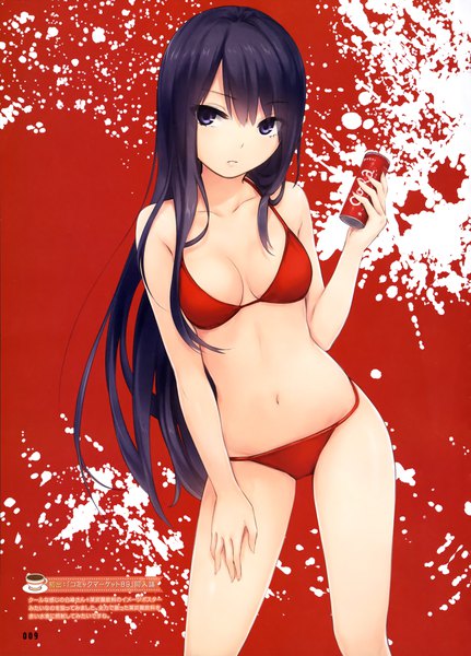 Anime picture 2847x3960 with original coca-cola shiramine rika coffee-kizoku single long hair tall image looking at viewer highres breasts light erotic black hair black eyes scan official art girl navel swimsuit bikini