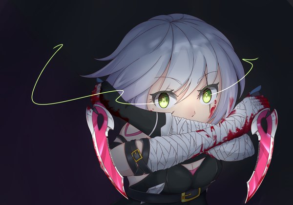 Anime picture 4000x2800 with fate (series) fate/grand order fate/apocrypha jack the ripper (fate/apocrypha) jibako single looking at viewer fringe highres short hair simple background hair between eyes green eyes absurdres silver hair upper body from above underboob glowing black background