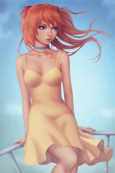 Anime picture 1200x1800 with neon genesis evangelion gainax soryu asuka langley miura-n315 single long hair tall image blue eyes bare shoulders looking away cleavage parted lips wind lips orange hair realistic girl dress hair ornament choker