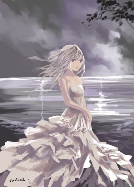 Anime picture 1181x1653 with original swd3e2 single long hair tall image looking at viewer fringe standing bare shoulders sky cloud (clouds) white hair pink eyes wind tears girl dress water white dress