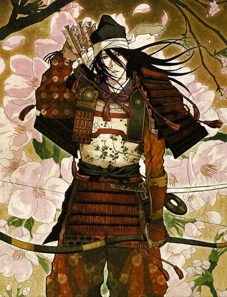 Anime picture 3209x4192 with bleach studio pierrot kuchiki byakuya tall image highres black hair absurdres cherry blossoms boy weapon hat sword armor katana bow (weapon) arrow (arrows)
