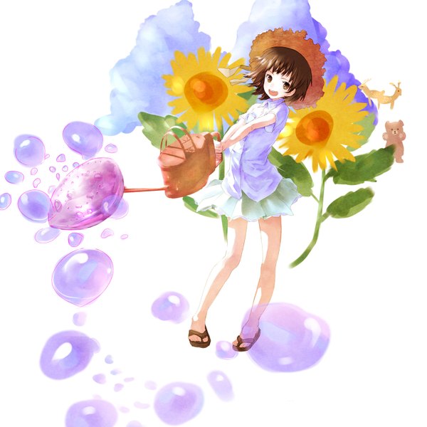 Anime picture 1500x1500 with tsukino (pixiv) smile girl skirt flower (flowers) hat animal water straw hat sunflower bear deer watering can