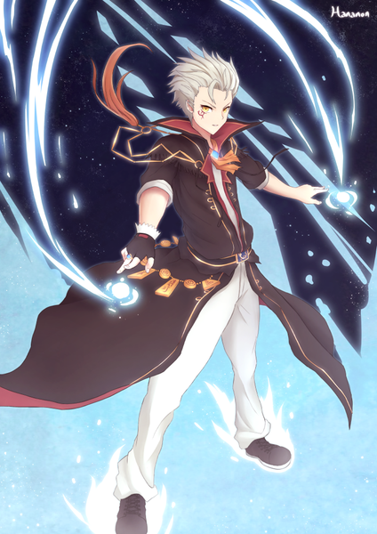 Anime picture 744x1052 with soccer spirits mx27 leventor (soccer spirits) hananon single long hair tall image looking at viewer short hair yellow eyes grey hair spiked hair boy gloves fingerless gloves clothes