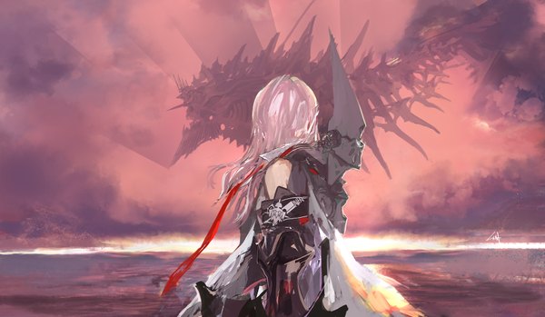 Anime picture 1680x978 with original pixiv fantasia pixiv fantasia sword regalia lin+ single long hair wide image standing bare shoulders pink hair sky cloud (clouds) sunlight back pink background girl necktie sea armor