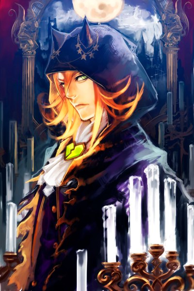 Anime picture 667x1000 with original h@ruichi single long hair tall image looking at viewer fringe hair between eyes green eyes upper body horn (horns) orange hair night night sky serious gargoyle boy hood moon full moon