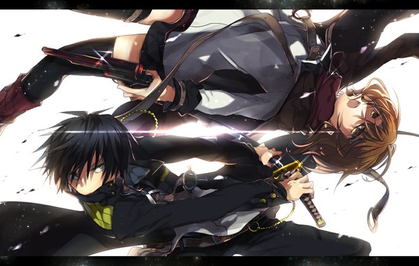 Anime picture 1100x700 with original teigi long hair looking at viewer open mouth black hair simple background brown hair holding brown eyes looking away zettai ryouiki screaming girl thighhighs boy uniform weapon black thighhighs shirt