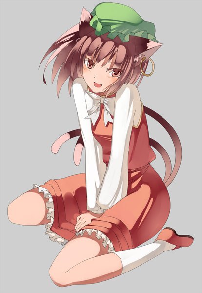 Anime picture 621x900 with touhou chen kureha (ironika) single tall image looking at viewer blush fringe open mouth simple background brown hair sitting brown eyes animal ears tail animal tail wind cat ears grey background cat girl