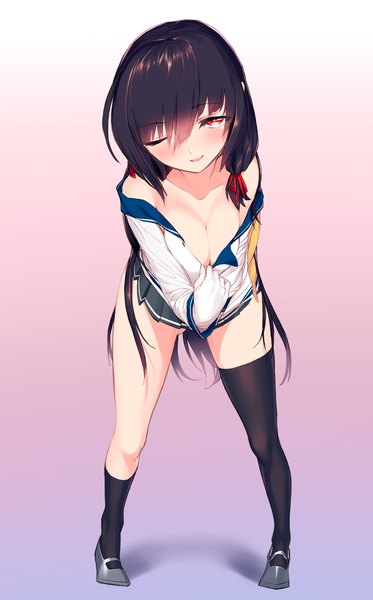 Anime picture 1982x3182 with kantai collection isokaze destroyer blew andwhite single tall image looking at viewer blush fringe highres breasts light erotic black hair simple background smile red eyes large breasts very long hair parted lips head tilt pleated skirt