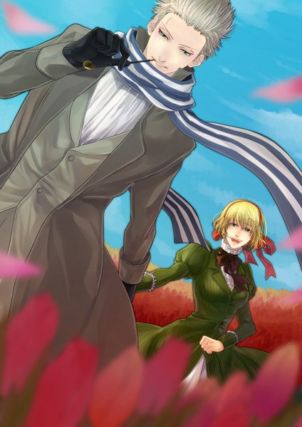 Anime picture 1060x1500 with axis powers hetalia studio deen belgium (hetalia) netherlands (hetalia) kanameyura tall image short hair blonde hair smile green eyes sky cloud (clouds) white hair couple holding hands field laughing girl dress boy