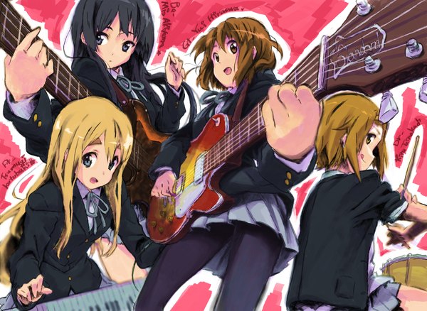 Anime picture 2197x1606 with k-on! kyoto animation akiyama mio hirasawa yui kotobuki tsumugi tainaka ritsu ratte long hair highres short hair open mouth black hair blonde hair brown hair multiple girls brown eyes :d black eyes :q playing instrument