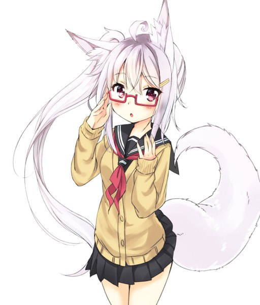 Anime picture 1154x1353 with original shirono mirai (miraichizu) zero (miraichizu) single tall image looking at viewer blush open mouth simple background red eyes white background animal ears silver hair ahoge tail very long hair animal tail pleated skirt :o fox ears