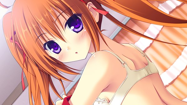 Anime picture 1024x576 with lovely quest long hair blush light erotic wide image twintails purple eyes game cg orange hair girl ribbon (ribbons) hair ribbon
