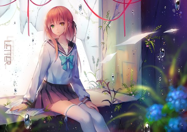 Anime picture 1414x1000 with original niya tidsean single long hair looking at viewer fringe sitting orange hair inscription zettai ryouiki heterochromia text english crack girl thighhighs skirt uniform flower (flowers)