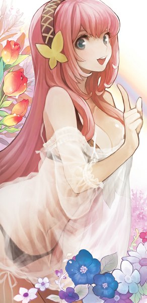 Anime picture 450x924 with vocaloid megurine luka cocorip (riprip) single long hair tall image looking at viewer fringe breasts open mouth blue eyes light erotic smile large breasts bare shoulders pink hair :d girl hair ornament flower (flowers)
