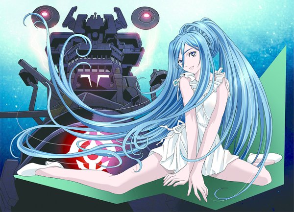 Anime picture 1383x1000 with aoki hagane no arpeggio takao (aoki hagane no arpeggio) kawarajima kou single looking at viewer blue eyes hair between eyes blue hair ponytail very long hair girl dress shoes sundress