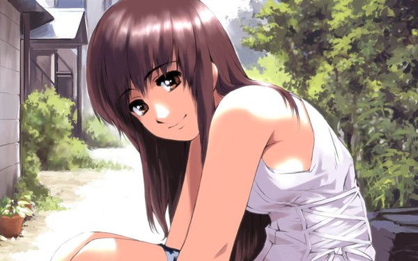 Anime picture 1440x900 with original gagraphic shirayuki shoushirou single long hair looking at viewer brown hair wide image brown eyes girl sundress