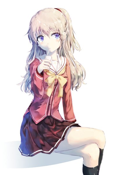 Anime picture 712x1000 with charlotte p.a. works tomori nao iori (cpeilad) single long hair tall image blush blue eyes simple background blonde hair white background sitting holding looking away pleated skirt crossed legs side ponytail drinking girl