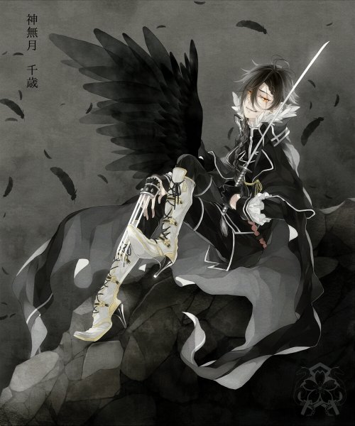 Anime picture 1000x1200 with original tsukudato single long hair tall image looking at viewer black hair smile sitting yellow eyes braid (braids) wind grey background high heels grin scar black wings boy gloves earrings