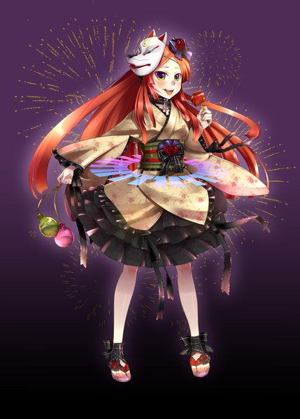 Anime picture 1295x1812 with utau namine ritsu caffein single long hair tall image blush open mouth red hair otoko no ko multicolored eyes mask on head fireworks boy bow food belt mask fox mask candy apple