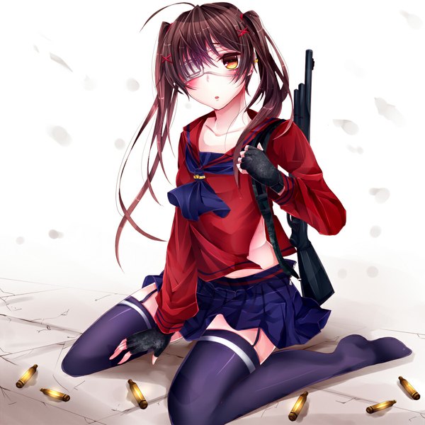 Anime picture 1000x1000 with touhou himekaidou hatate rukito long hair looking at viewer blush open mouth brown hair twintails brown eyes girl thighhighs skirt uniform hair ornament weapon school uniform fingerless gloves garter straps eyepatch