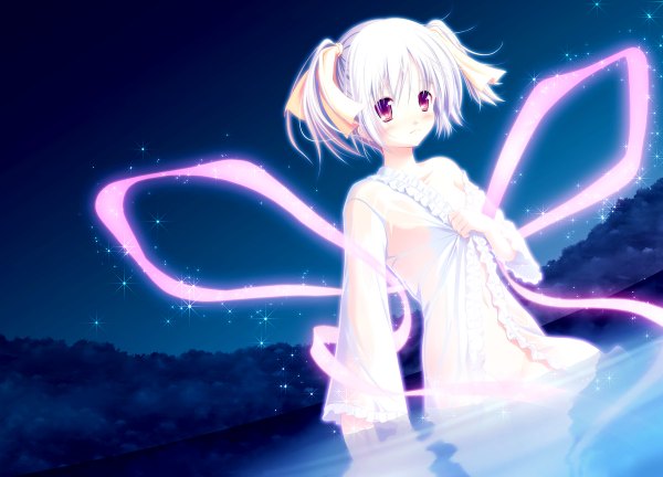 Anime picture 1200x864 with original yuunagi yuu single short hair red eyes twintails white hair night short twintails girl bow water