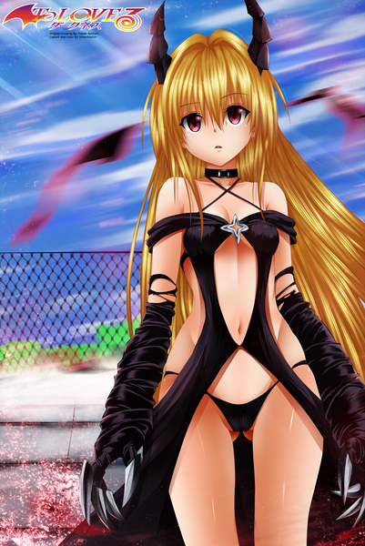 Anime picture 1670x2497 with toloveru toloveru darkness xebec konjiki no yami hikarinogiri single long hair tall image open mouth light erotic blonde hair bare shoulders sky cloud (clouds) pink eyes horn (horns) sunlight inscription midriff coloring