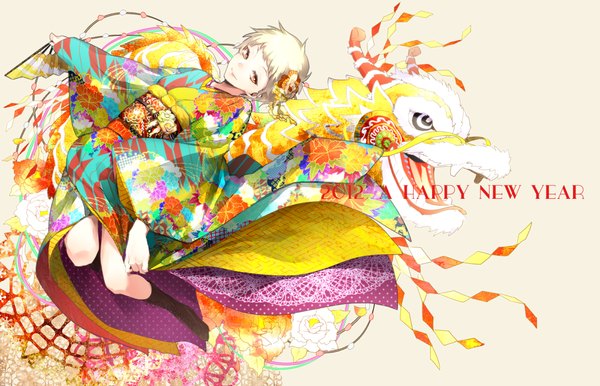 Anime picture 1200x773 with original inooka short hair blonde hair smile brown eyes long sleeves traditional clothes japanese clothes inscription new year fantasy happy new year 2012 girl hair ornament animal dragon eastern dragon