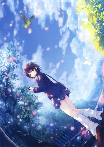 Anime picture 2330x3300 with original eshi 100-nin ten aoyama sumika coffee-kizoku single tall image looking at viewer highres short hair open mouth brown hair brown eyes absurdres sky cloud (clouds) scan turning head fisheye girl skirt