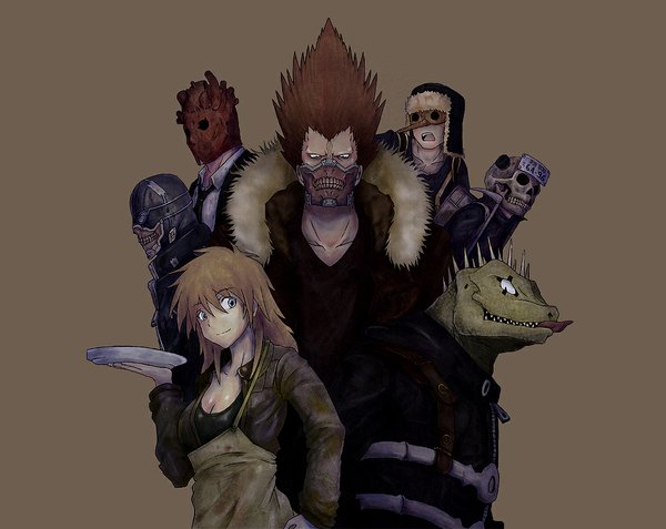 Anime picture 1077x858 with dorohedoro mappa noi (dorohedoro) shin (dorohedoro) ebisu (dorohedoro) nikaidou (dorohedoro) en (dorohedoro) caiman fujita (dorohedoro) uo ichib simple background blonde hair red hair grey background teeth group lizardman boy hat animal
