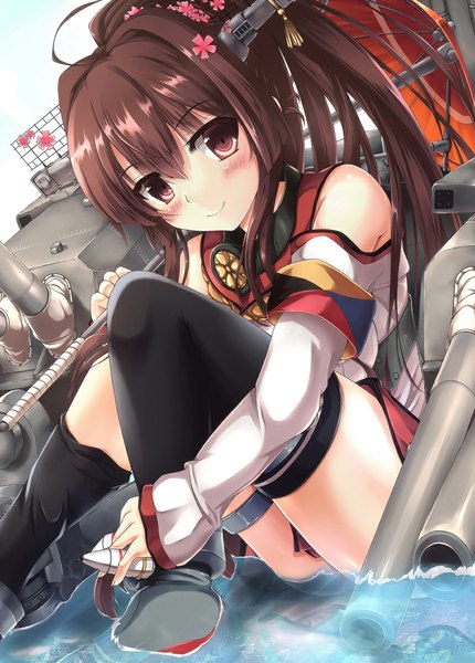 Anime picture 800x1116 with kantai collection yamato super battleship tenchou no matsumoto single long hair tall image blush smile brown hair sitting brown eyes ponytail girl thighhighs hair ornament weapon black thighhighs