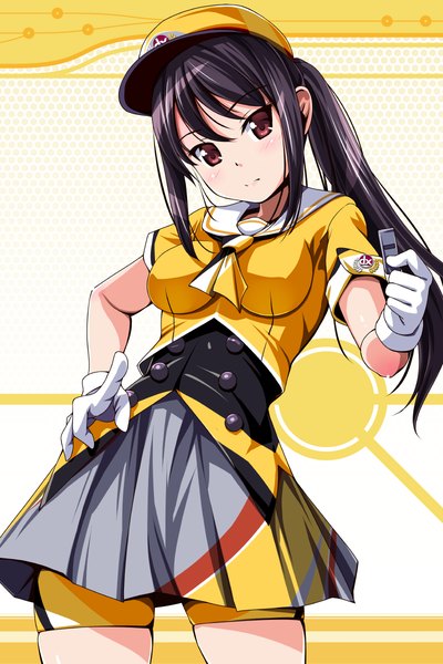 Anime picture 800x1200 with beatmania beatmania iidx matsunaga kouyou single long hair tall image looking at viewer blush black hair red eyes ponytail girl dress gloves hat white gloves flat cap