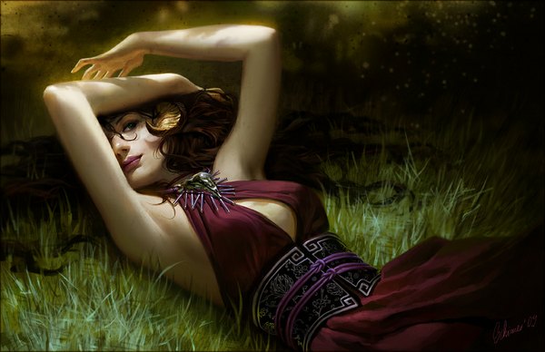 Anime picture 1040x673 with janaschi (artist) brown hair brown eyes lying horn (horns) realistic arms up armpit (armpits) demon girl curly hair girl dress plant (plants) jewelry grass