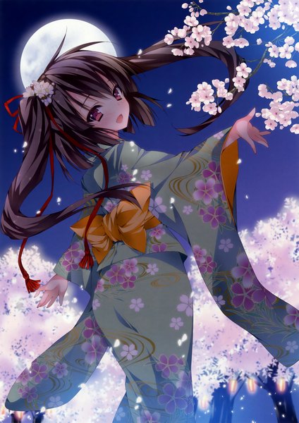 Anime picture 2603x3681 with anapom long hair tall image blush highres open mouth black hair red eyes twintails japanese clothes cherry blossoms girl plant (plants) petals tree (trees) kimono moon obi