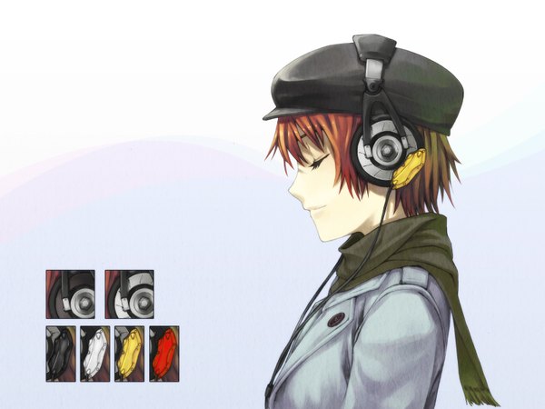 Anime picture 1600x1200 with original gou (double trigger) single highres short hair brown hair eyes closed profile girl hat headphones scarf coat flat cap