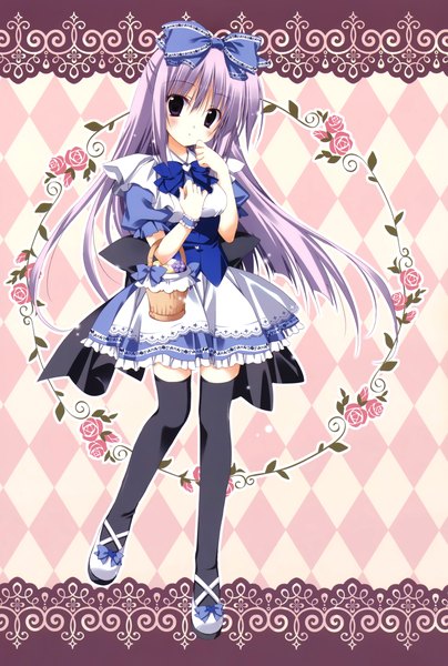 Anime picture 2349x3485 with alice or alice airi (alice or alice) korie riko single long hair tall image blush highres purple eyes purple hair girl thighhighs dress flower (flowers) bow black thighhighs hair bow basket